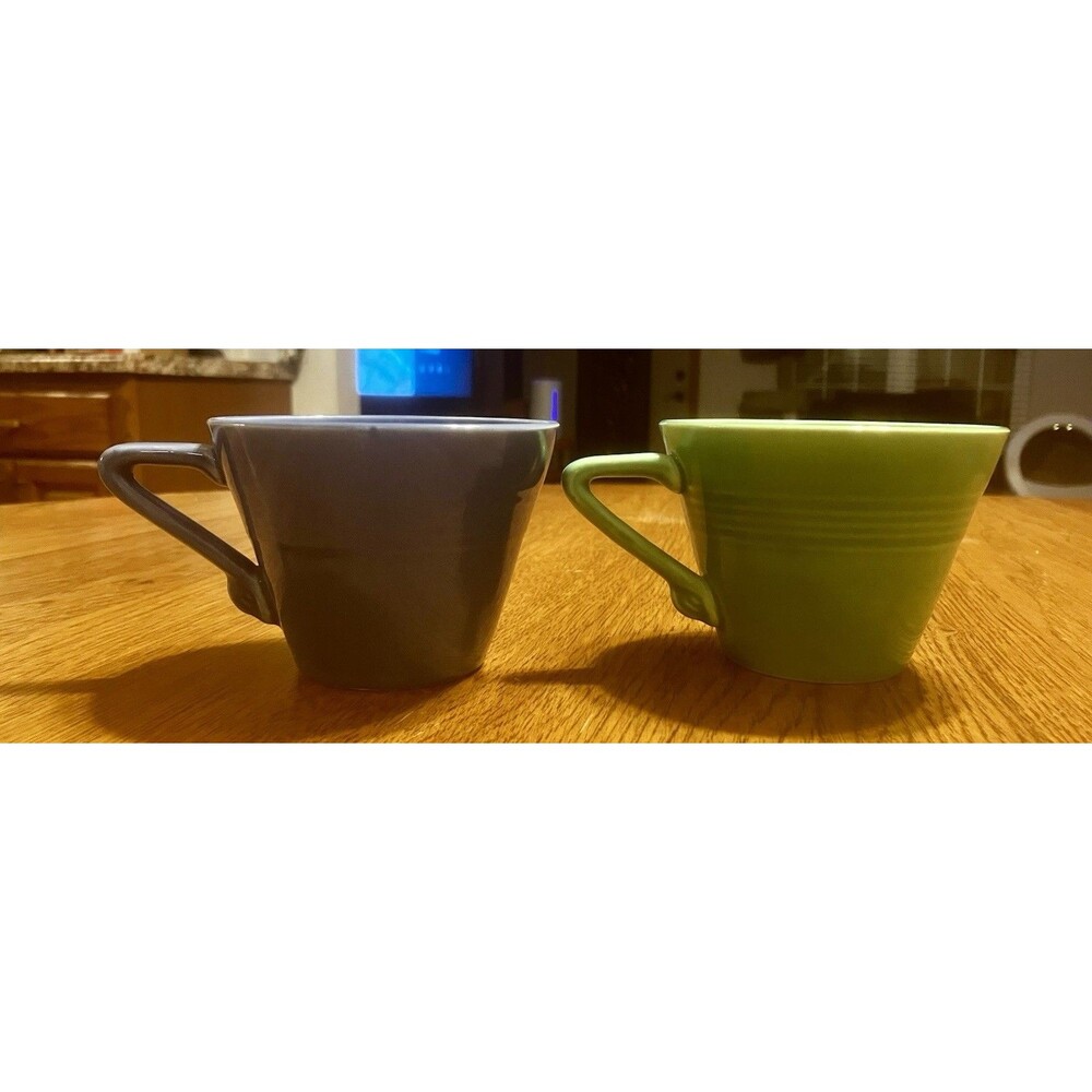 2 Vintage Homer Laughlin Harlequin Tea Coffee Cups Blue & Medium Green